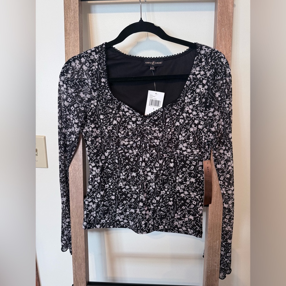Almost Famous Black Floral Long Sleeve Scoop Neck Top with White Print
